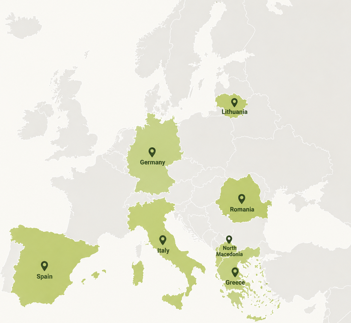 Map chart showing TOMAS partner countries: Italy, Greece, Spain, Germany, Lithuania, North Macedonia and Romania